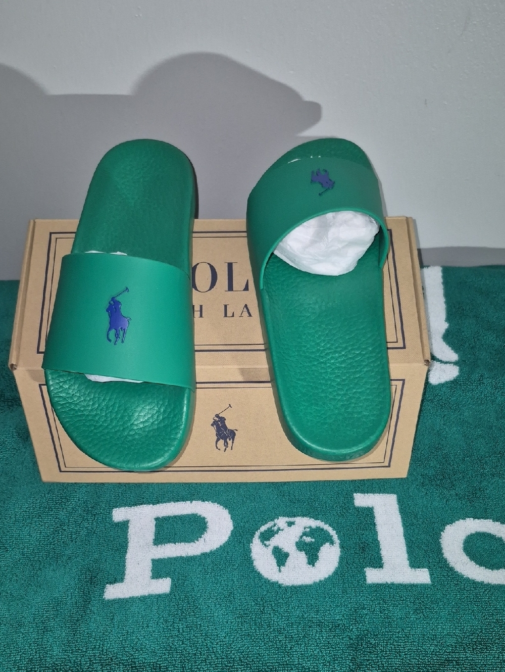 Polo by Ralph Lauren Green Slide Sandals with Blue Logo
